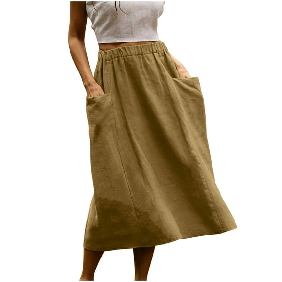 Mrat Work Skirts for Women Office Women's Midi Skirts Solid Color Elastic Waist Cotton Linen Half Skirt with Pockets S-212 Khaki L