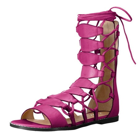 YDN Women Fashion Ankle High Gladiator Sandals Lace Up Round Open Toe Flats Zips Summer Casual Walking Shoes Size 7.5 Rosy