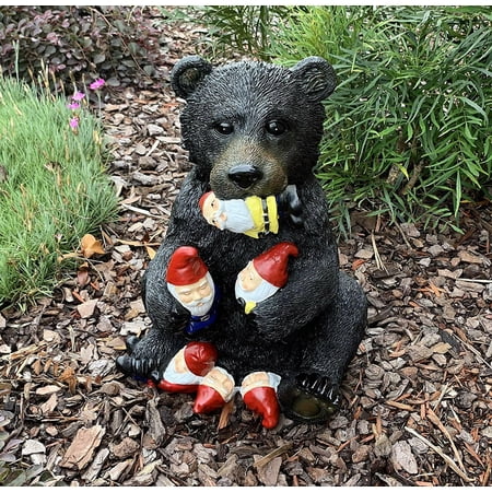 Whimsical Forest Black Bear Holding Colorful Christmas Mini Gnomes Statue 14 H