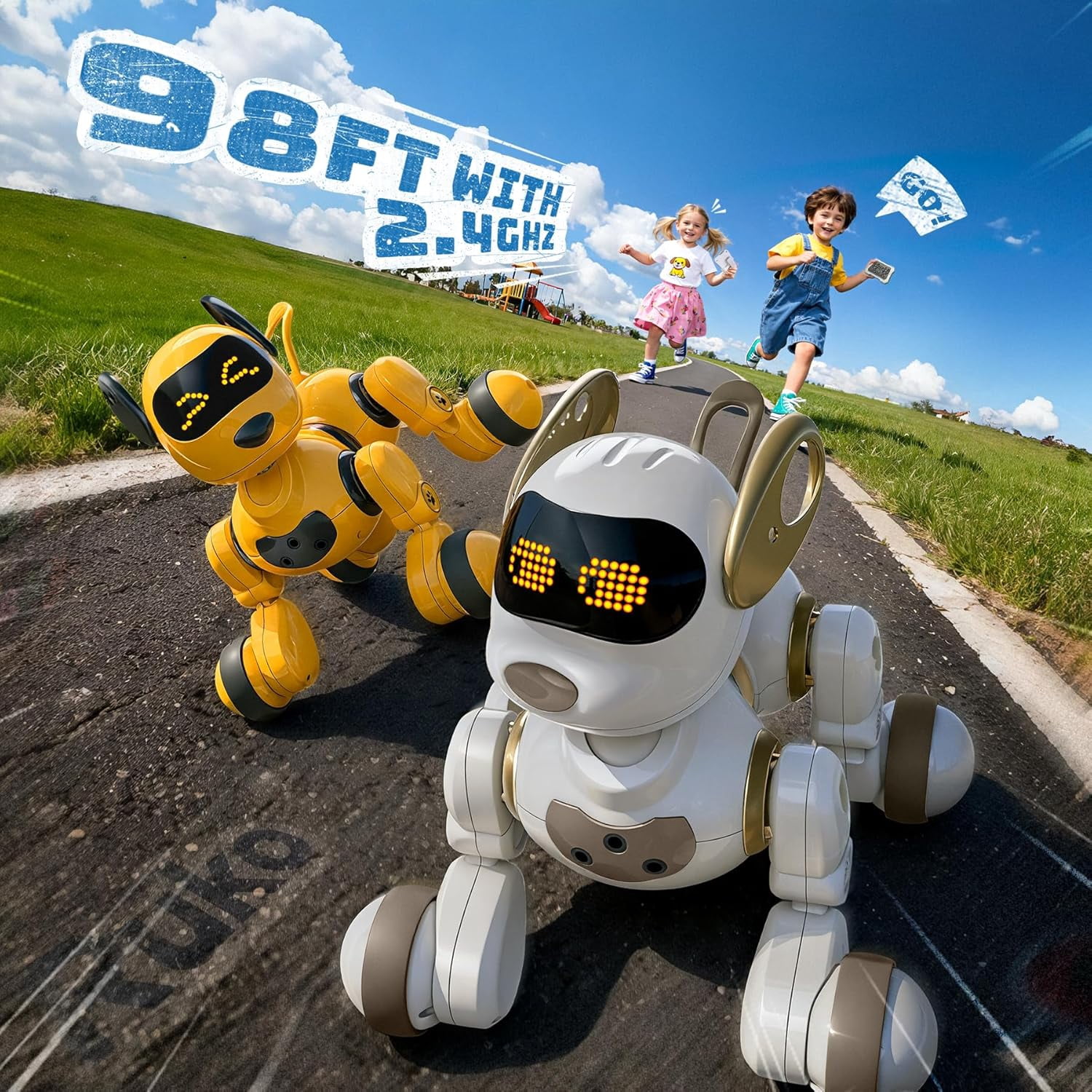 Ruko 18011 Robot Dog Toy, Smart Interactive Puppy, Programmable, 30+ LED Faces, Remote & Gesture Control, White & Gold, Ages 3-8
