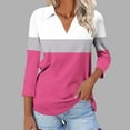 thumbnail image 2 of Olyvenn Women's 3/4 Sleeves V Neck Button Collared Shirts 2025 Basic Collar Cute Tees Dressy Casual Color Block Tops Blouses Work Shirt Hot Pink 4-6, 2 of 5