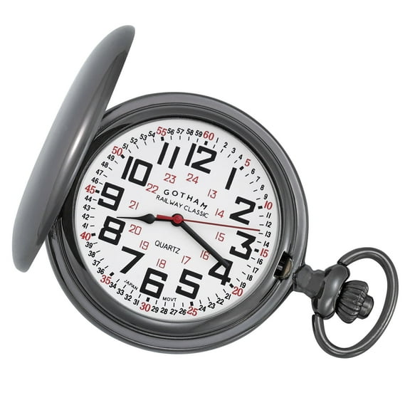 Gotham Men's Gun-Tone Railroad Polished Finish Covered Quartz Pocket Watch # GWC15044B