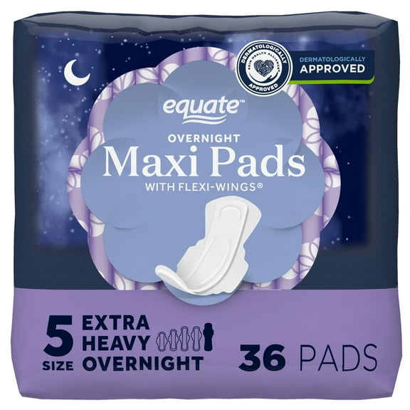 Equate Maxi Pads with Wings, Size 5, Extra Heavy Overnight Absorbency, Compare to Always® (36 Count)