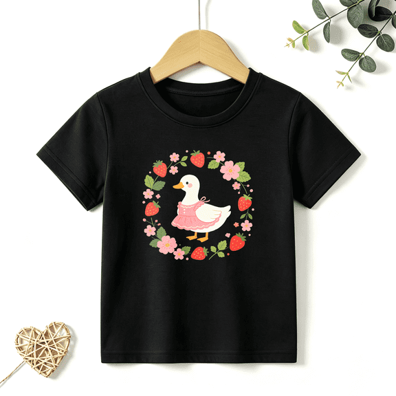 Girls Graphic Tees Duck Strawberry Wreath Kids T Shirt Cute 100% Cotton Short Sleeve Soft Tops 4-13Y