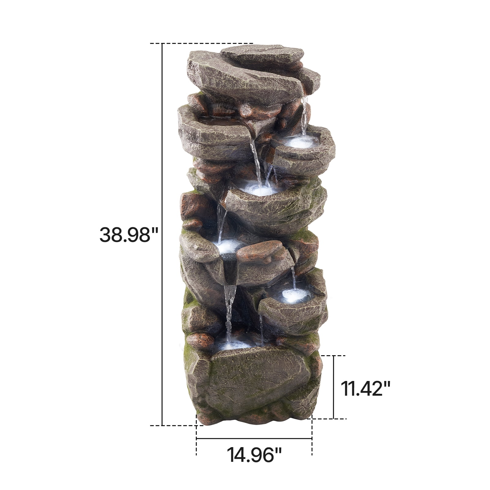KFFKFF Outdoor Water Fountain, 38.98 in Tall, 7-Tier Rock-Inspired Cascading Design with LED Light and Pump, Ideal for Gardens, Patios, Backyards, and Indoor Spaces