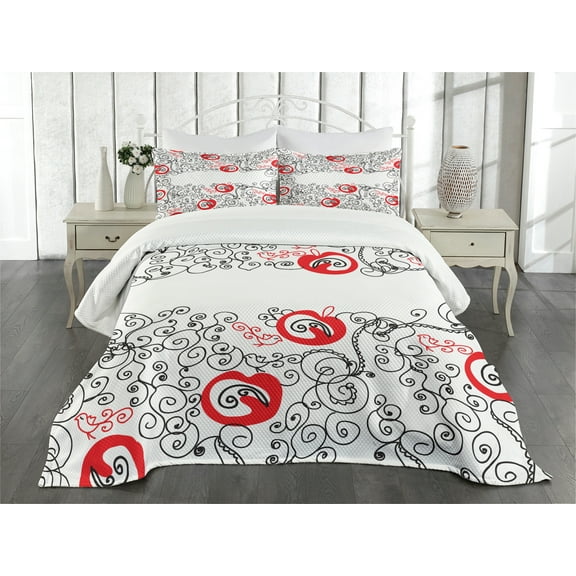 Ambesonne Abstract Quilted Bedspread Set 3 Pcs, Sketchy Birds Swirls Art, Queen Size, Scarlet White