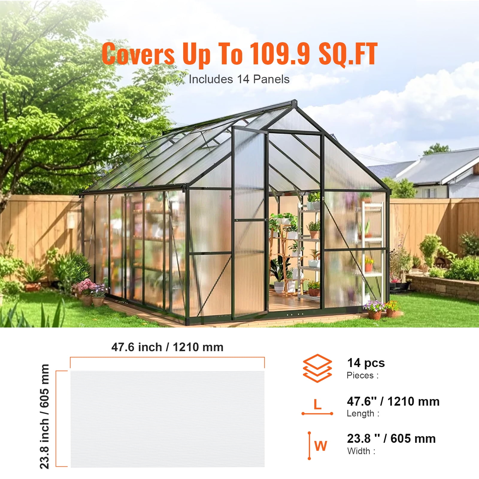 KFFKFF Set of 14 Polycarbonate Panels for Greenhouses, Dimensions 2' X 4' X 0.16'', Roofing Sheets, Water-Resistant and UV-Protected Corrugated Plastic, Durable Clear Sheets for Garden Greenhouse