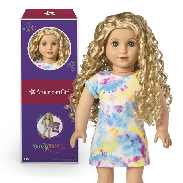 Muñeca American Girl Truly Me #115 de 18 pulgadas con ojos grises, cabello rubio rizado, piel clara, vestido tipo camiseta teñido anudado, para mayores de 6 años