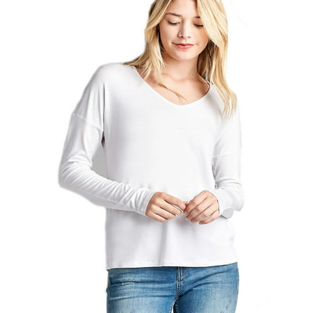 Made by Olivia Women's Long Dolman Sleeve V-Neck Rayon Spandex Knit Top Off-White M