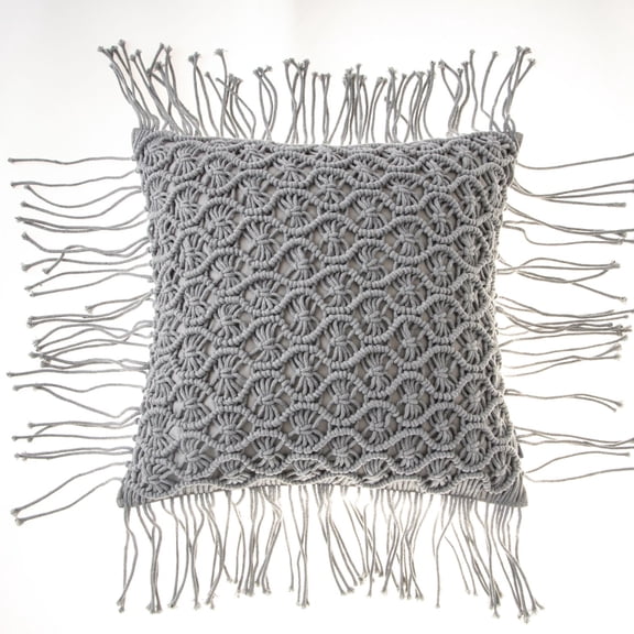 Phantoscope 100% Cotton Handmade Crochet Woven Decorative Throw Pillow, 18 x 18 in Square Cushion with Tassels, Boho Style, Light Gray, 1 Pack