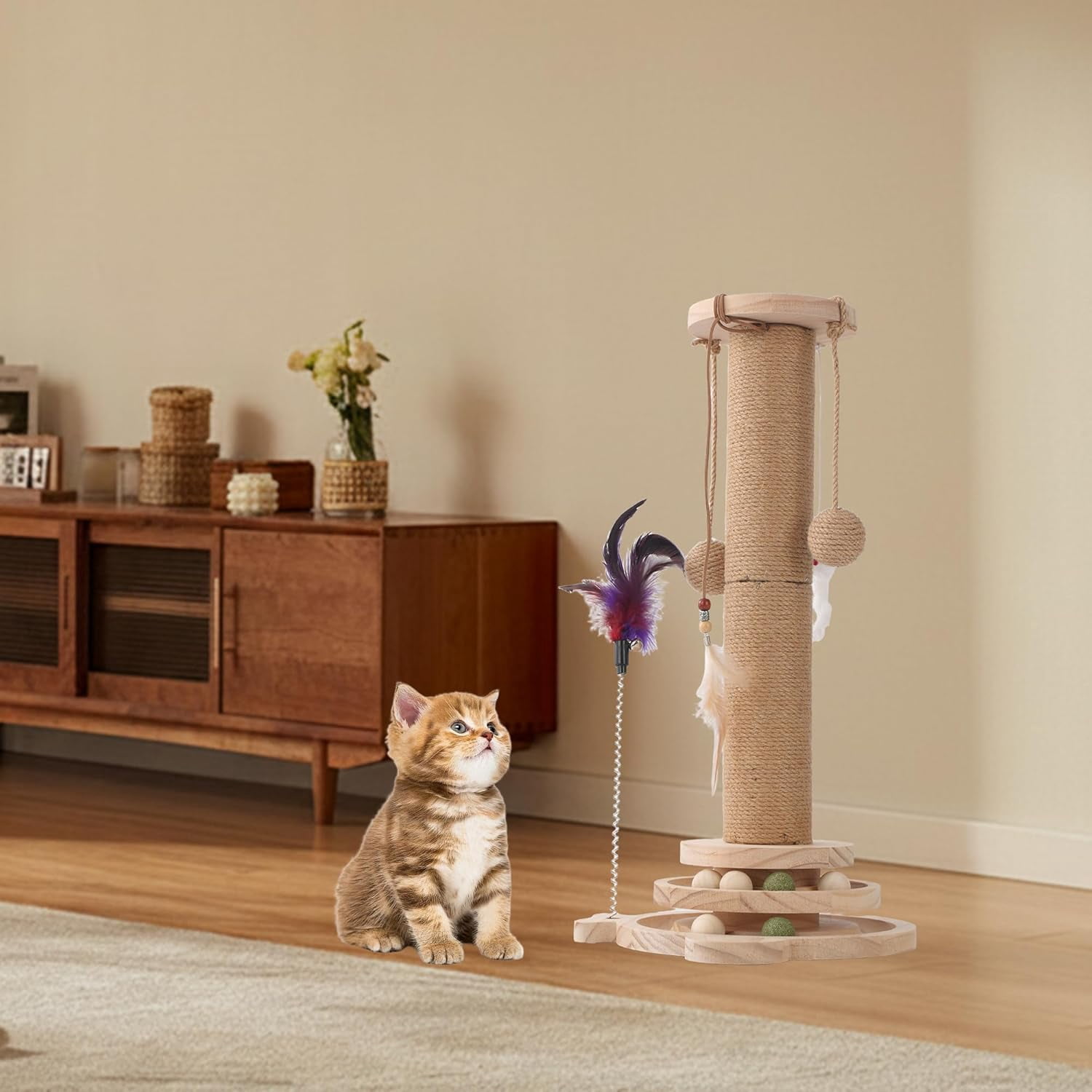 Cat Scratching Post, 4 in 1 Wooden Cat Scratcher Toy, 17.7" Tall Scratch Post with 2 Level Cat Track Balls, Interactive Feather Toy and 2 Sisal Hanging Balls for Indoor Kittens, Adult Cats