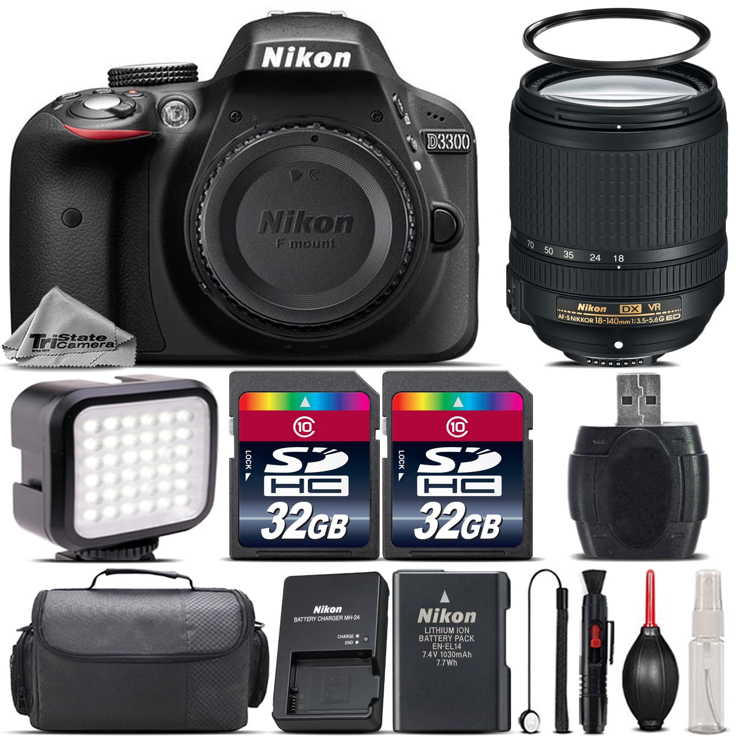 Nikon D3300 DSLR 24.2MP Camera in Black + Nikon 18140mm VR Lens + 64GB