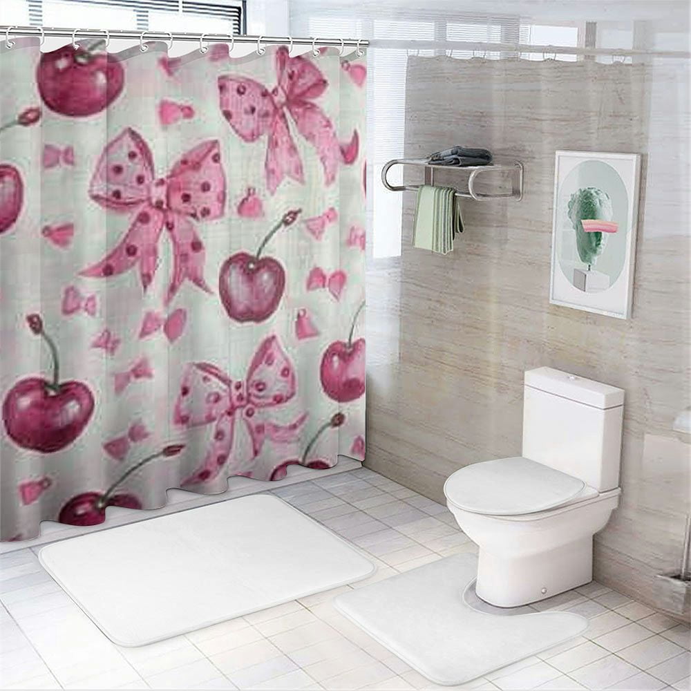 Patifu Cherries Bows Chic Modern Bathroom Decor Shower Curtain Set with Hooks 60"x72