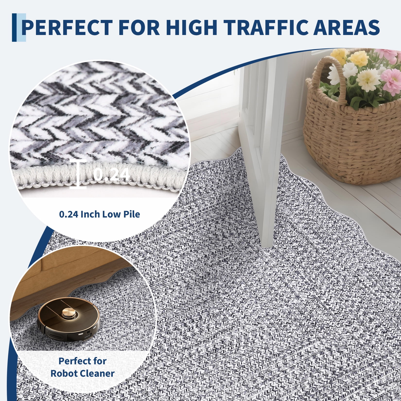 COZONY 8x10 Washable Area Rug, Scalloped Non-Skid Low Pile Farmhouse Carpet for Living Room, Bedroom, Dining Room and Family Space, Gray