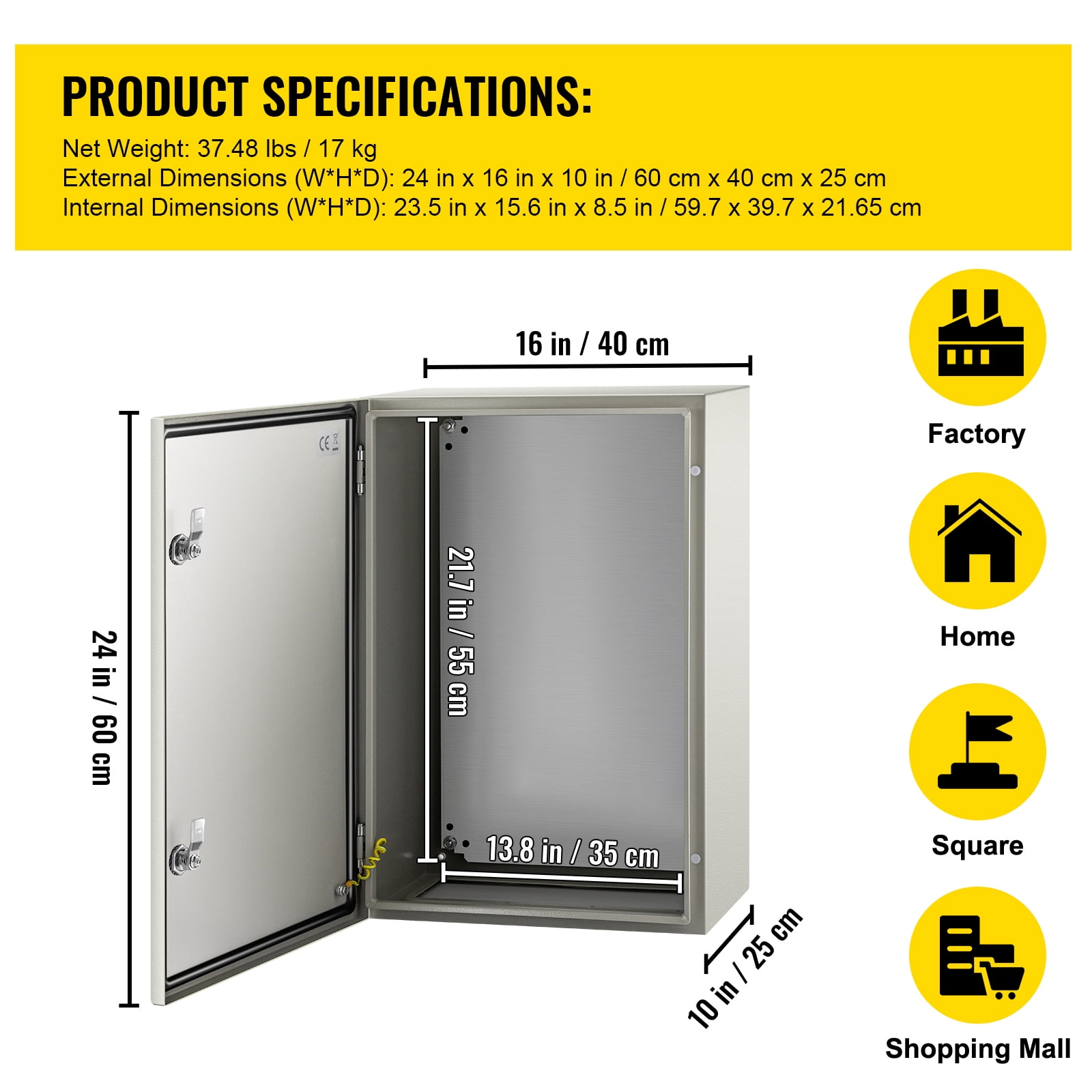 KFFKFF NEMA-Standard Steel Casing, 24 x 16 x 10'' NEMA 4X Steel Electric Container, IP66 Water-Resistant & Dust-Free, External/Internal Electric Connection Box, Includes Fixing Panel