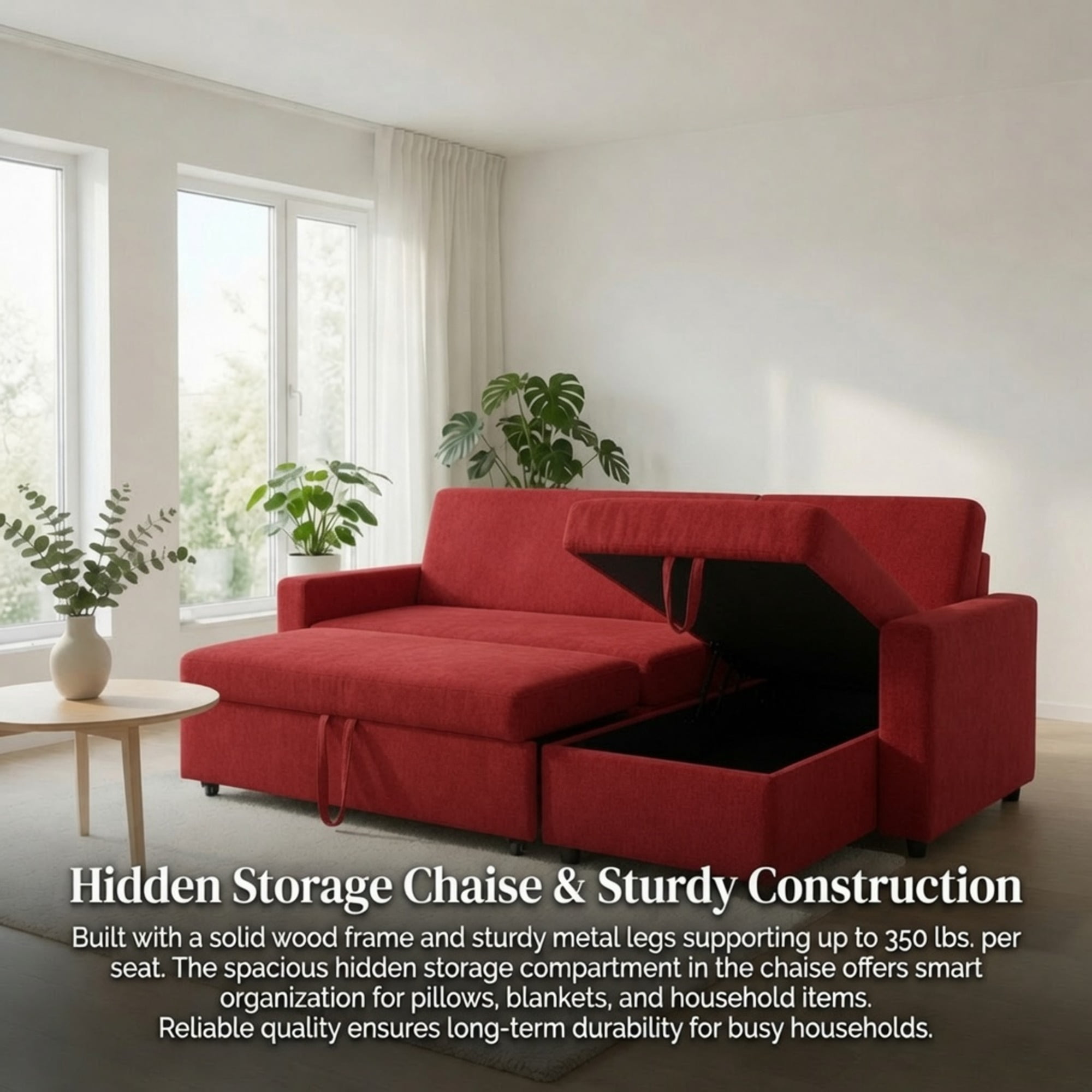 TiramisuBest L-Shaped Convertible Sofa Bed with Reversible & Storage Chaise,84"W Fluffy Flannel Sectional Sleeper for Living Room,Red