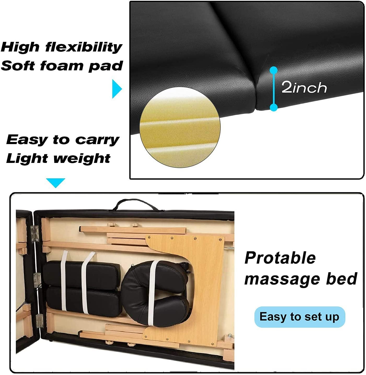 NiamVelo Professional Massage Table Portable Folding Massage Bed 73 inch 2 Fold Height Adjustable Spa Bed W/Carry Case, 450 LBS, Black