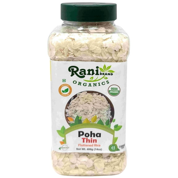 Rani Organic Poha (Powa) Thin Cut (Flattened Rice) 14oz (400g) PET Jar ~ All Natural, Salt-Free | Vegan | Kosher | No Colors | Gluten Friendly | Indian Origin | USDA Certified Organic