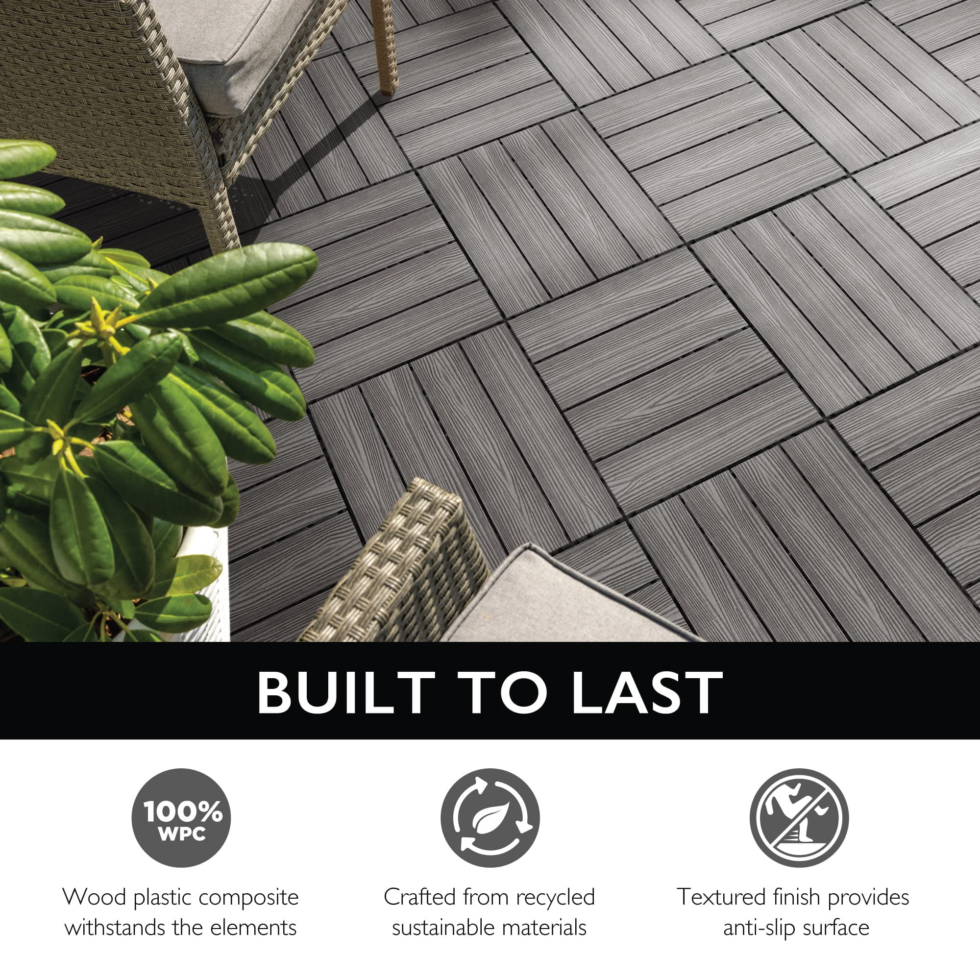 Design House 12" x 12" Interlocking Wood Composite Waterproof Deck Tiles, Modern Ebony Black, 6 Pack