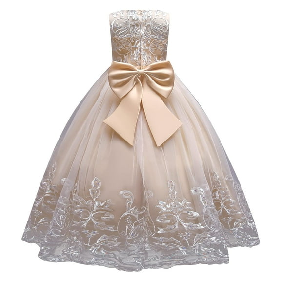 IDOPIP Flower Girl Lace Tulle Dress for Kids Wedding Bridesmaid Birthday Party Formal Princess Gown