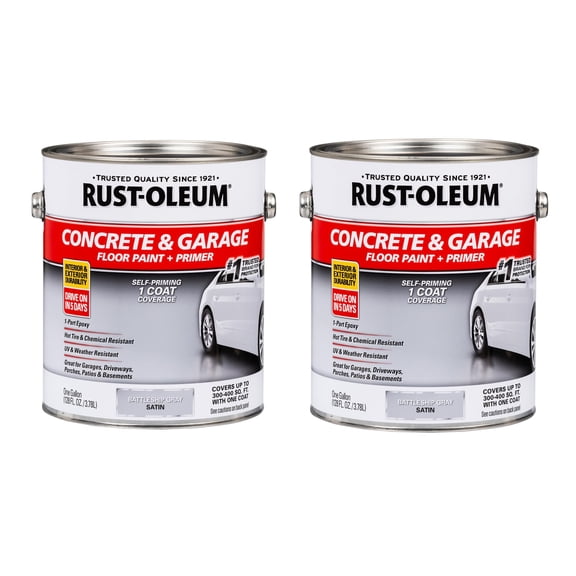 Rust-Oleum 225380-2PK Concrete & Garage Floor Paint and Primer, Gallon, Satin Battleship Gray, 2 Pack