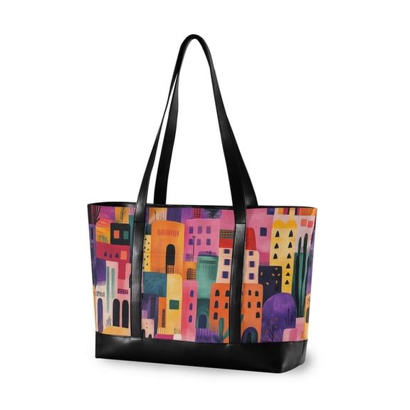 FORMRS Canvas Laptop Tote Bag for Women with 15.6" Computer Compartments Shoulder Handbag, Art Buildings