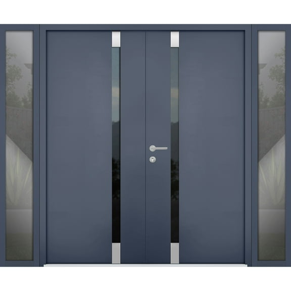 Front Exterior Prehung Steel Double Doors / Cynex 6777 Grey / 2 Side Exterior Windows / Stainless Inserts Single Modern Painted-W14 72 14" x H80"-Right-hand Inswing
