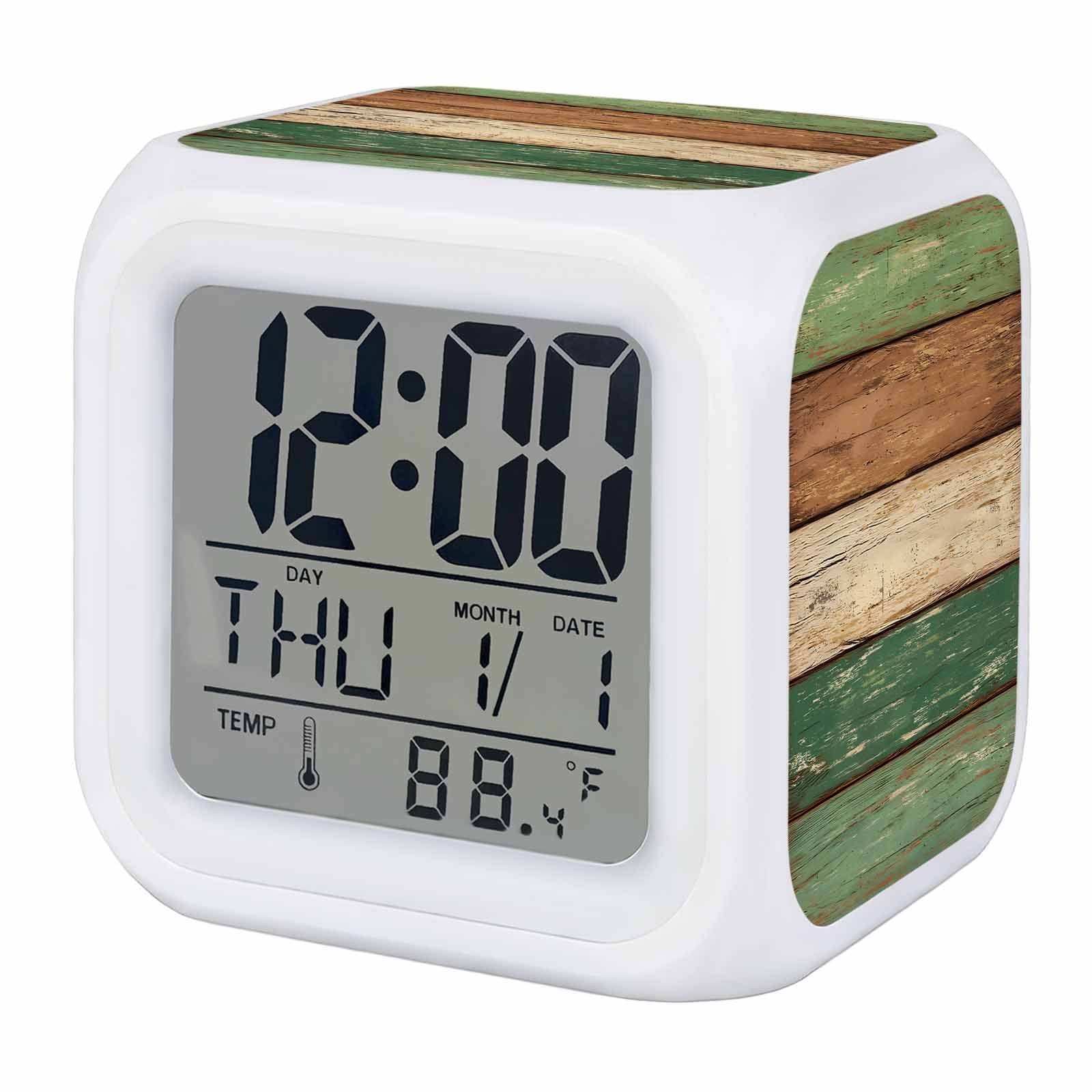 Retro Green Brown Wood Grain Alarm Clock, Vintage Farmhouse Country Style Digital Clock Night Light with 7 Color, Calendar Temperature Display, LED Desk Small Clock for Bedrooms Bedside Living Room