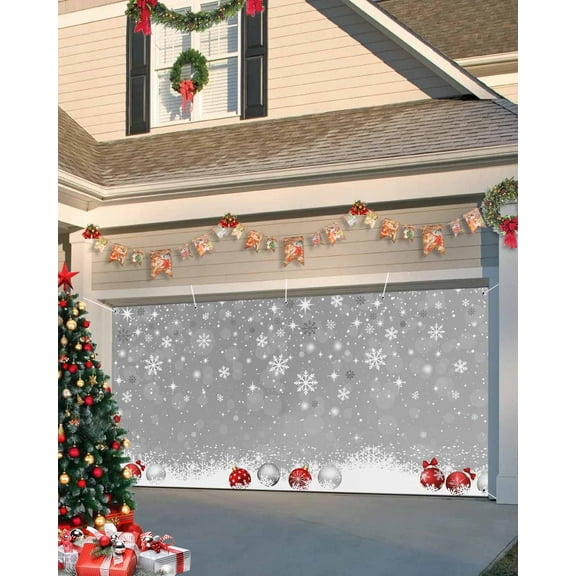 Fsddascl 7 x 16 Ft Christmas Garage Door Cover, Grey Christmas Large Garage Door Banner, Xmas Snowflake Balls Hanging Garage Mural Background for Indoor Outdoor Xmas Party Supplies