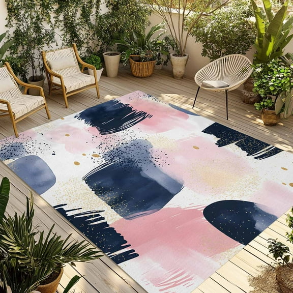 Fsddascl Navy Blue Pink Art Outdoor Rug for Patio/Deck/Porch, Non-Slip Large Area Rug 5 x 8 Ft, Abstract Contemporary Luxury Indoor Outdoor Rugs Washable Area Rugs, Reversible Camping Rug Carpet
