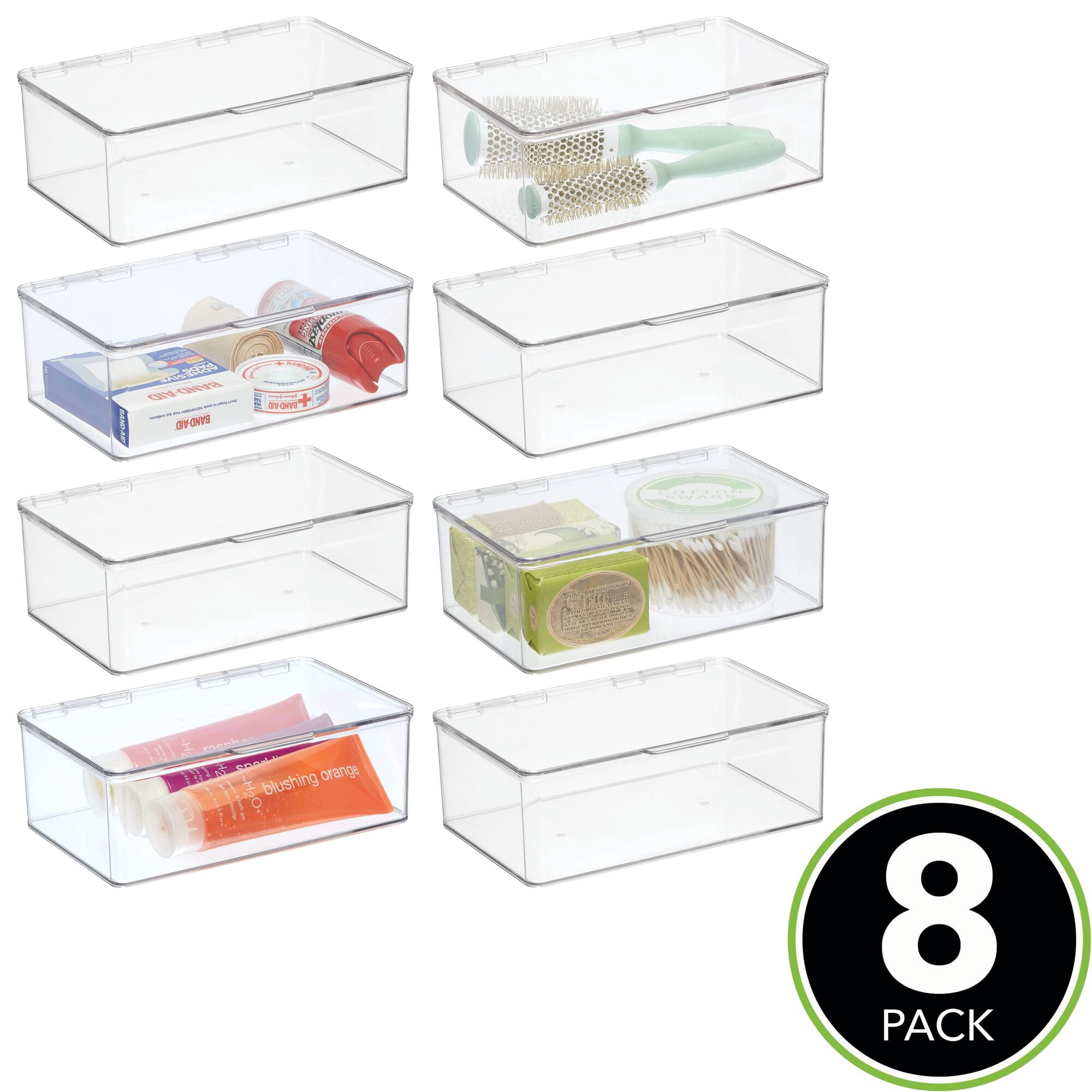 mDesign Plastic Bath Stacking Storage Organizer Box, Hinged Lid, 8 Pack, Clear