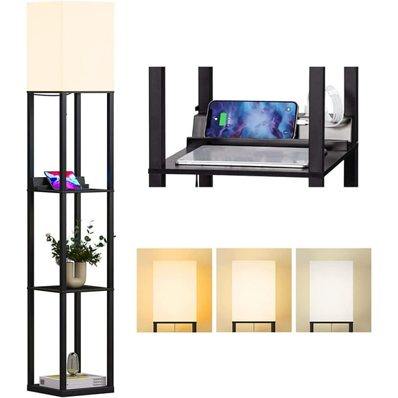 ERDS-Floor Lamp with Shelf, Standing Lamp W/3 Tier Wood Shelves and 2 USB Ports 1 Power Outlet, 3 Color Temperatures Dimmable LED Floor Lamps for Living Room, Bedroom & Office