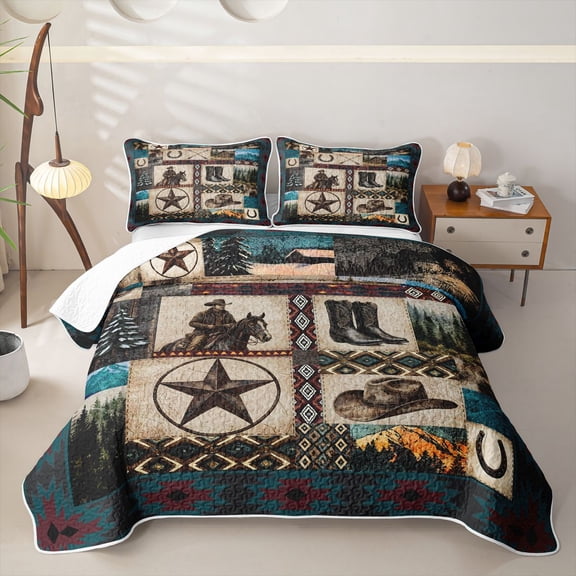 Erosebridal Western Cowboy Twin Quilt Set for Boys Girls, Vintage Rustic Cabin Twin Coverlet Set, 2-Piece