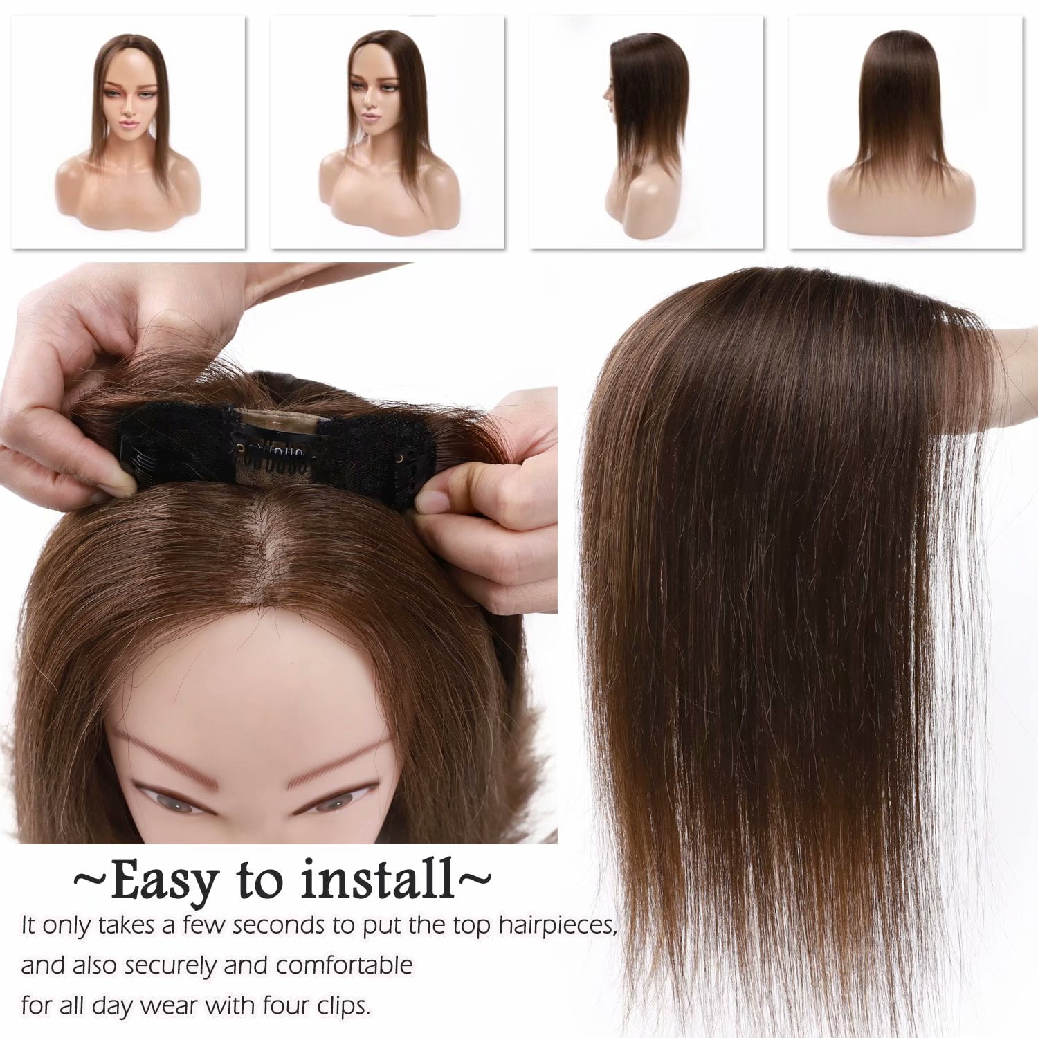 Benehair 100% Human Hair Extensions Clip In Topper Toupee Hairpiece Silk Base for Women Remy Hair 6"-14" Brown US