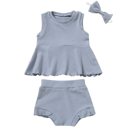 

HBYJLZYG Toddler Baby Girls Bowknot Dress Top Panties And Headdress 3 Piece Solid Color Summer Suit 0-18 Months Baby Shower Gift