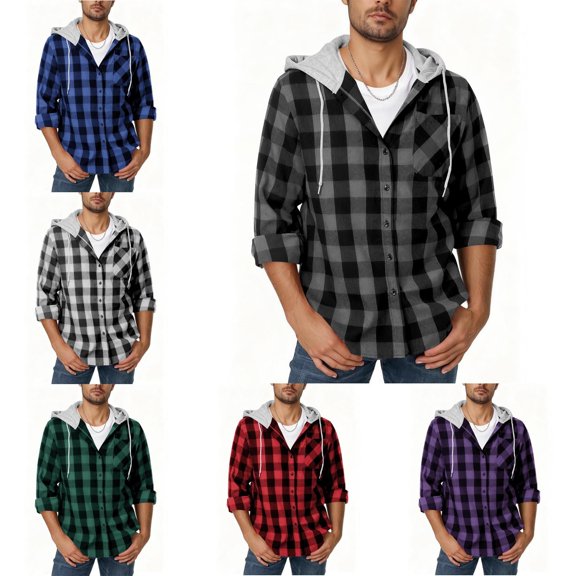 Zysthvn Fall Mens Casual Jackets Lightweight Plaid Hoodies Coats for Men with Pockets Button Plus Size