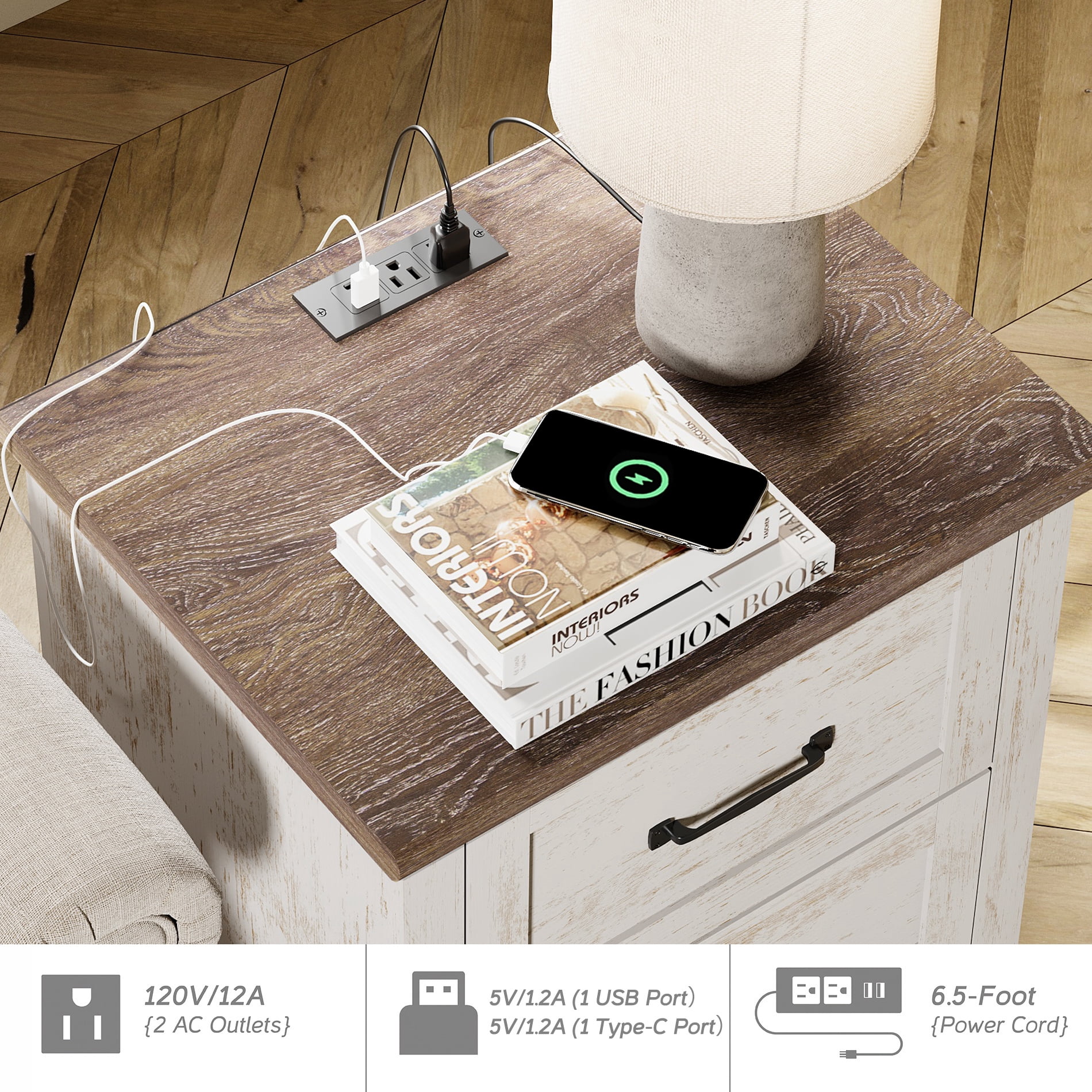 Antique White Side Table with 2 Drawers, Rustic End Table with Charging Station, Wooden Nightstand for Bedroom, Living Room