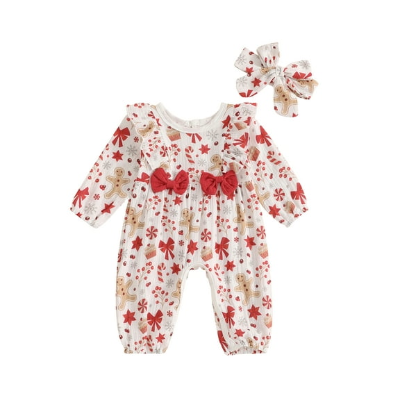 aturustex Baby Christmas Costume for Infant Girls Jumpsuit 0-12M Newborn Long Sleeve O Neck Romper Gingerbread Man Print Bodysuits with Headband Toddler Fashion Loose Casual Daily Spring Fall Outfits