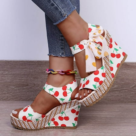 

pafei tyugd Womens Lace up Espadrilles Platform Wedges Sandals Trendy Cute Fruit Printed Bow Knot Wedge Summer Heels Tie Strap Summer Dress Shoes Size 7.5