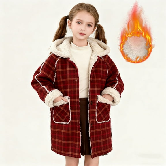 NAISIBABY Girls Winter Overcoat, Classic Plaid Buttons with Pockets Fleece Lined Kids Thick Warm Woolen Coat Red 7T