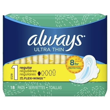 Always Ultra Thin, Size 1, Regular Pads With Wings, Unscented 18 Count