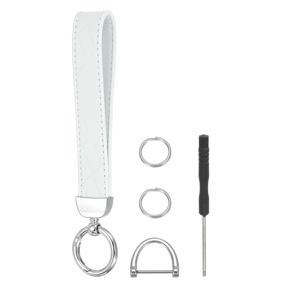 Leather Wristlet Keychain Car Key Chain Wristlet for Women, 7" Key Fob Holder, Silver Tone/White