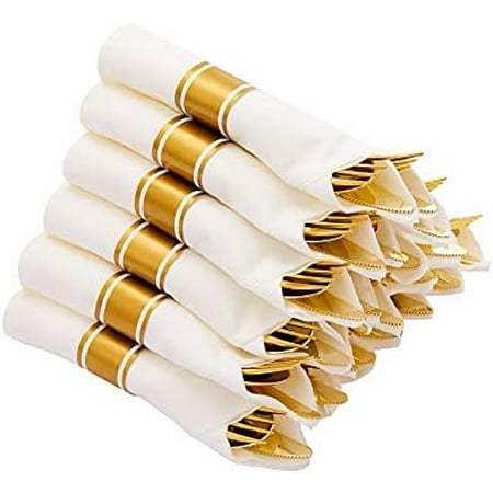 30 Pack Pre Rolled Gold Plastic Cutlery Set, Wrapped Plastic Silverware Set with 30 Forks, 30 Knives, 30 Spoons and 30 Napkins, Disposable Cutlery Set for Party and Wedding
