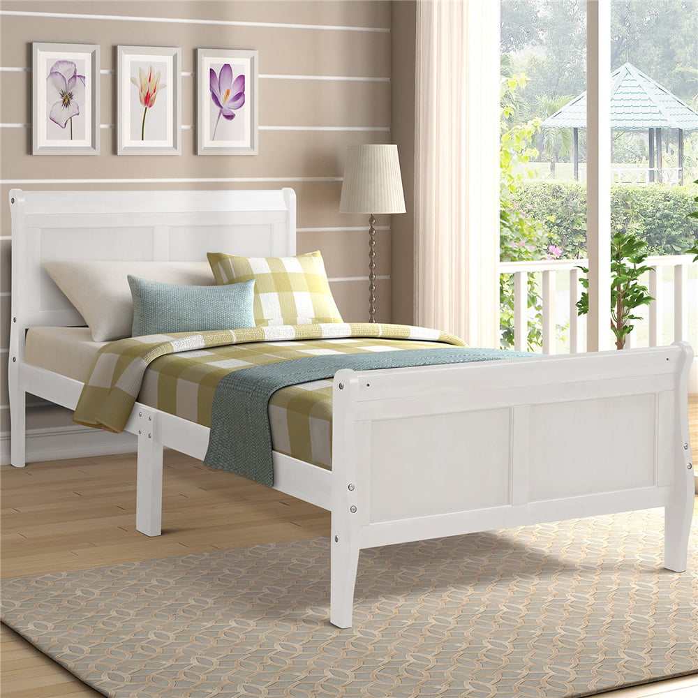 White Wood Bed Frames for Twin Size, Modern Platform Bed Frame with