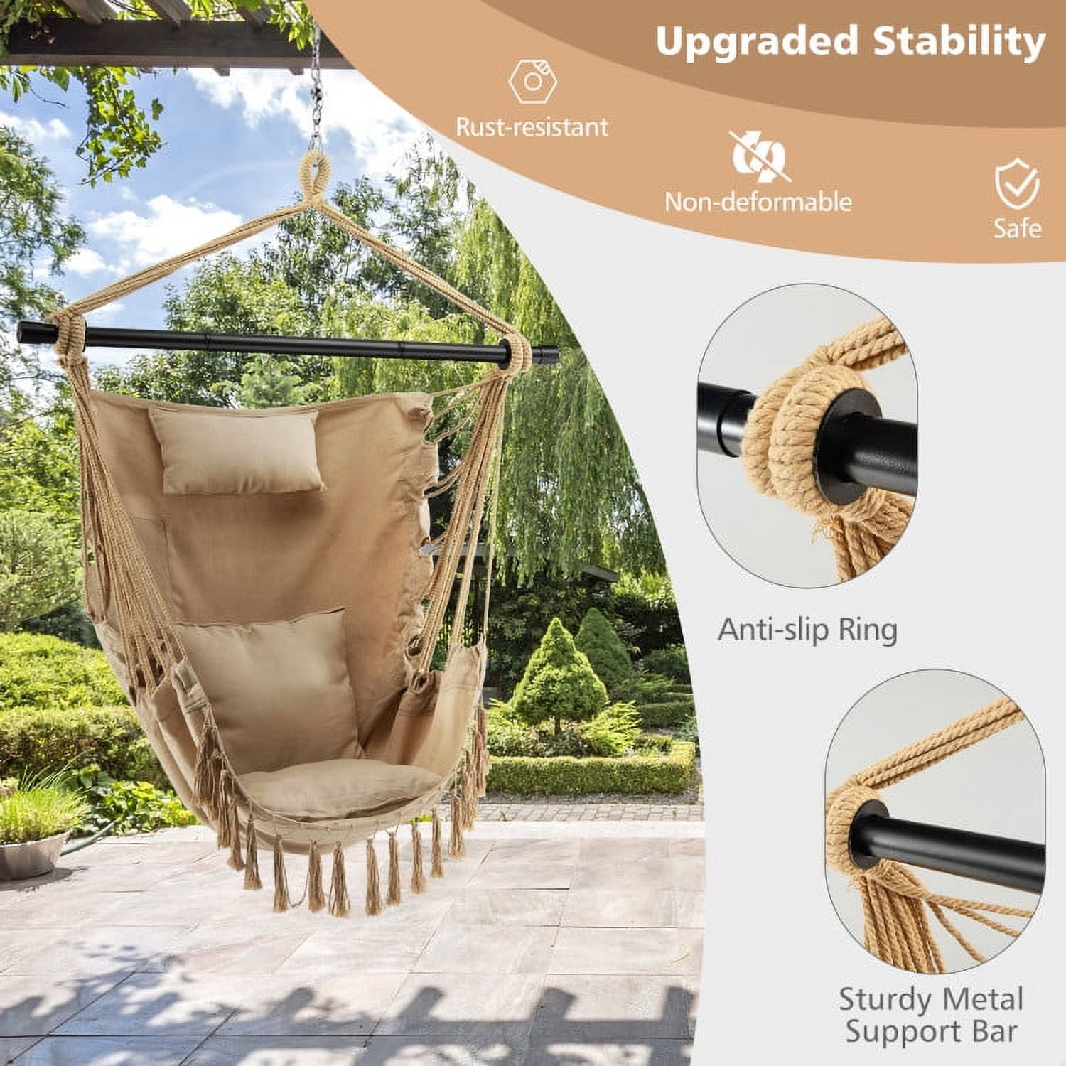 Aimee Lii Hanging Rope Swing Chair with Soft Pillow and Cushions, Comfy Outdoor Chair, Beige