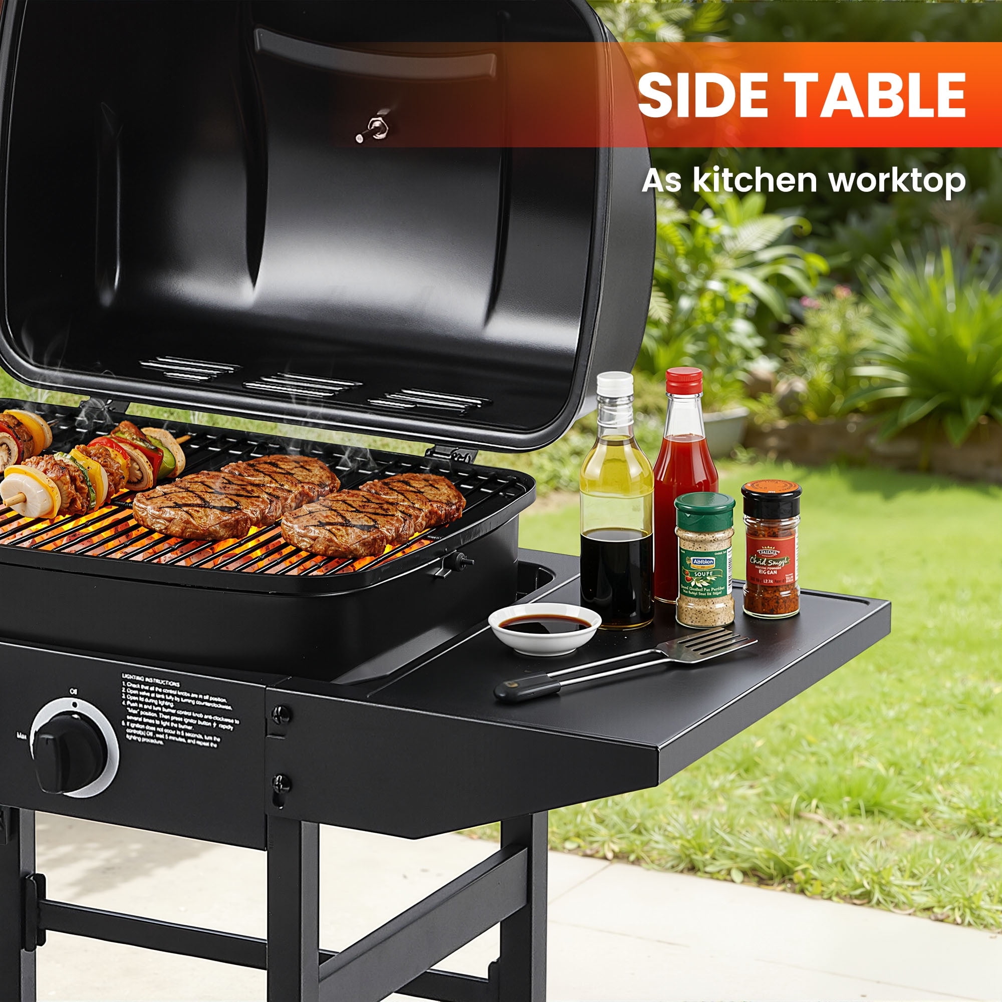 Seizeen 2-Burner Gas Grill Outdoor BBQ with Side Burner, Stainless Steel Propane Grill 24000 BTU Output, Barbecue Grill with Enameled Grate and Side Tables for Outdoor Patio Backyard Cooking