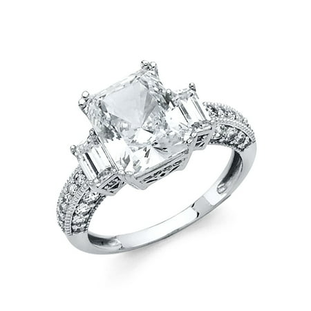 Paradise Jewelers 14k Solid White Gold Traditional Princess Cut 14k Solid White Gold Traditional Princess Cut Solitaire Cubic Zirconia Engagement Ring With Baguette Side Stones
