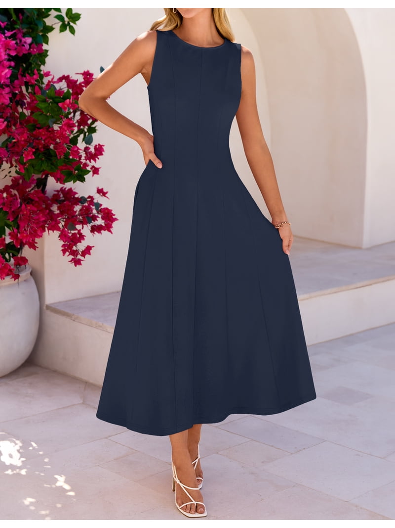 Merokeety Womens Summer Dresses Crew Neck A Line Midi Dress Wine xl