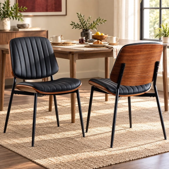 Black Upholstered Dining Chairs Set of 2, Curved Mid Century Modern Chair - Kitchen Chairs, Dining Room Chairs, Dinning Chair with Faux Leather, Bentwood Side Profile, Metal Legs, Sillas de Comedor