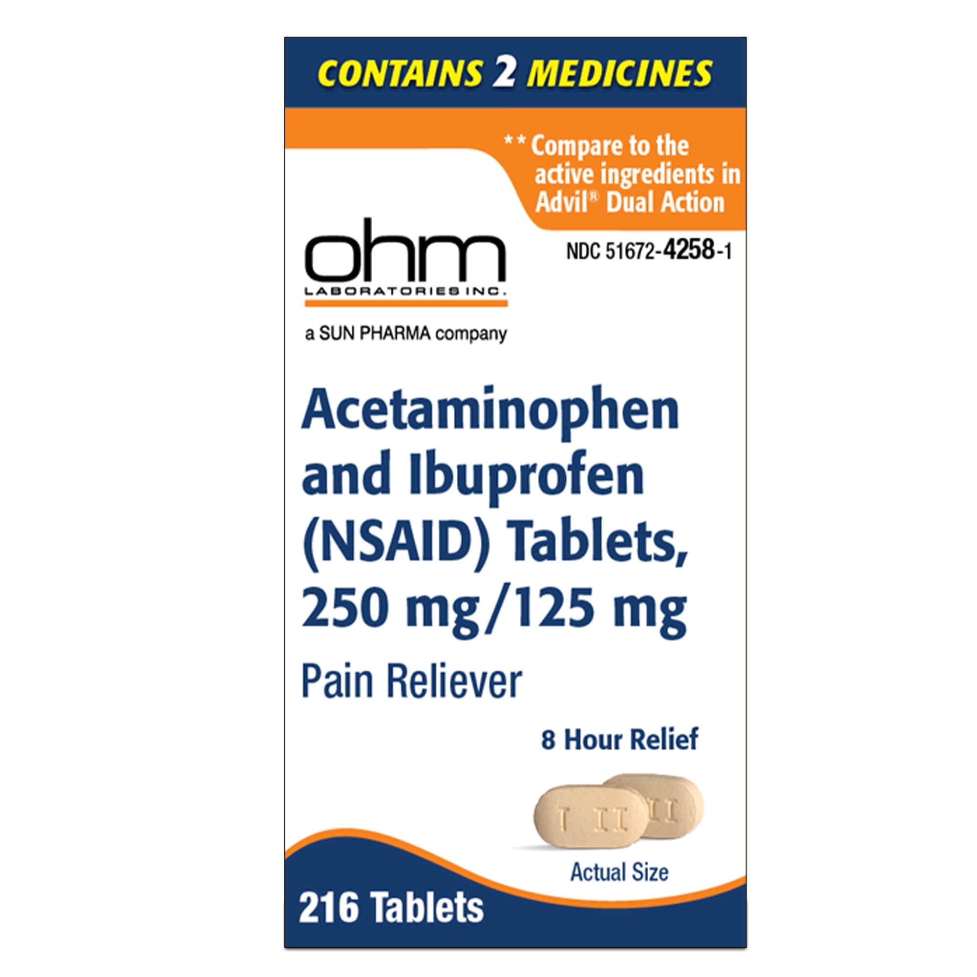 OHM Dual Action Pain Reliever, Acetaminophen 250 mg & Ibuprofen 125 mg (NSAID), Headache, Backache, Menstrual Pain & Arthritis Relief, 216 Count
